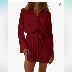 Women's Collar V Neck Button Down Pleated Long Sleeve Mini Shirt Dress with Belt